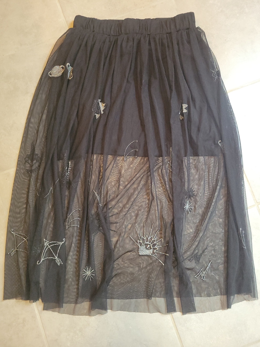 Vintage Bongo Women Embroidered Star Black Layer Elastic Knee Length Skirt  Sm